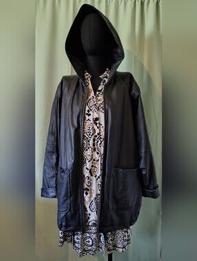 Jacqueline Ferrar 80s Vintage Black Leather Hooded Jacket Women Coat Medium